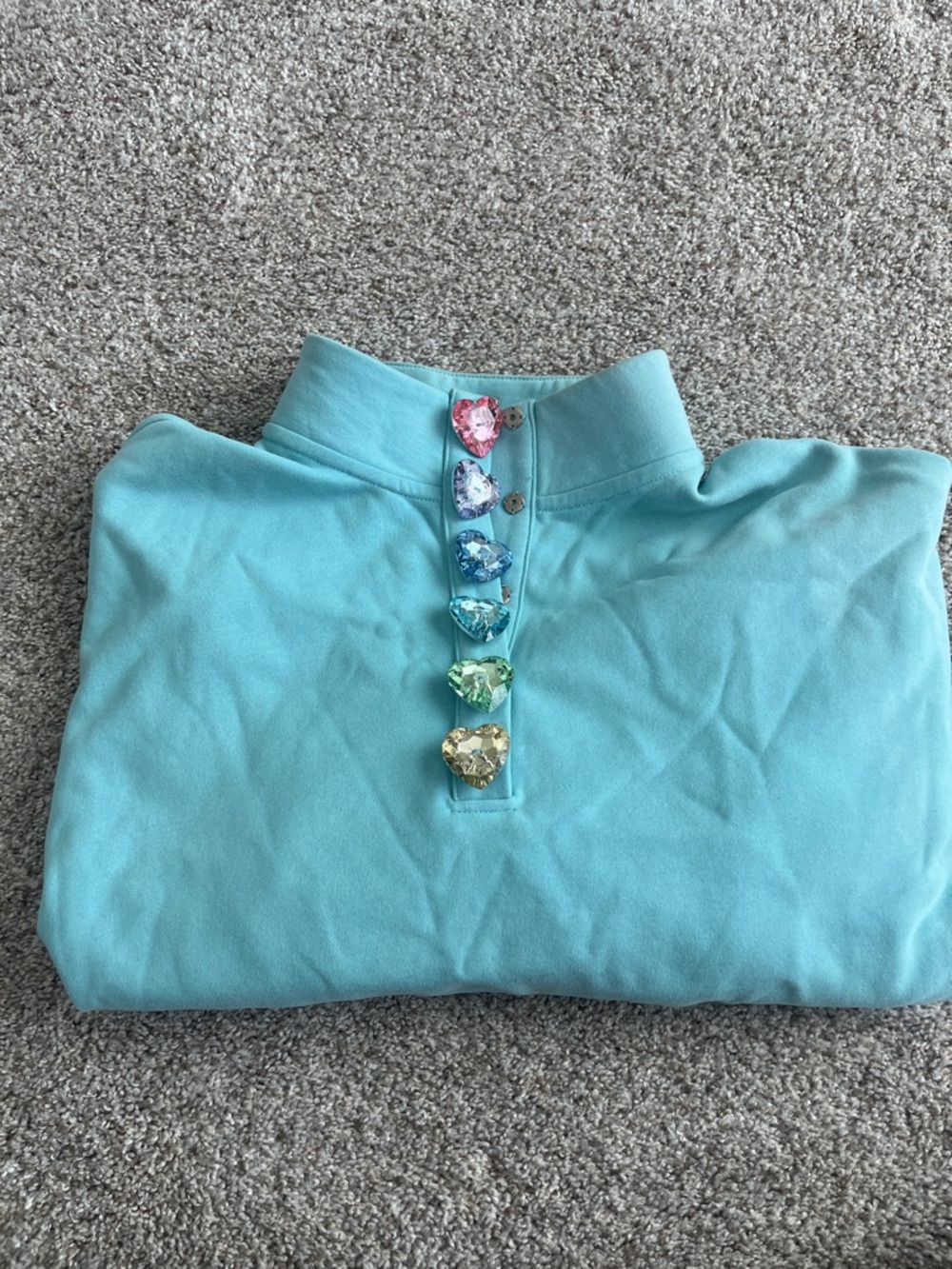 QUEEN OF SPARKLES Aqua Pullover with Multicolor Heart Gems